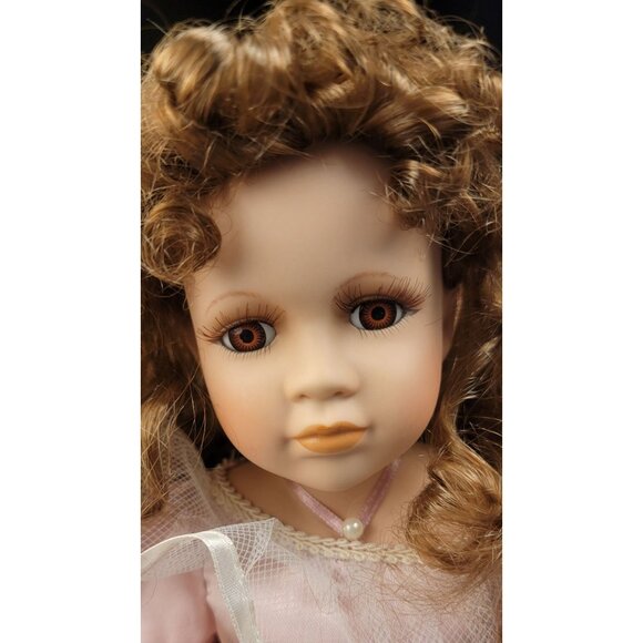 Vintage Collectible Porcelain Doll with Pink Satin and Lace Dress - Picture 5 of 15